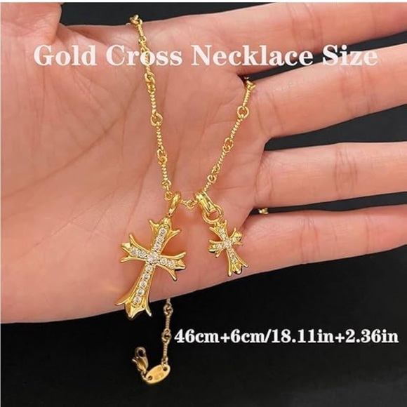 NIP Gold Tone Double Cross Rhinestone Pendant Necklace - Picture 1 of 5